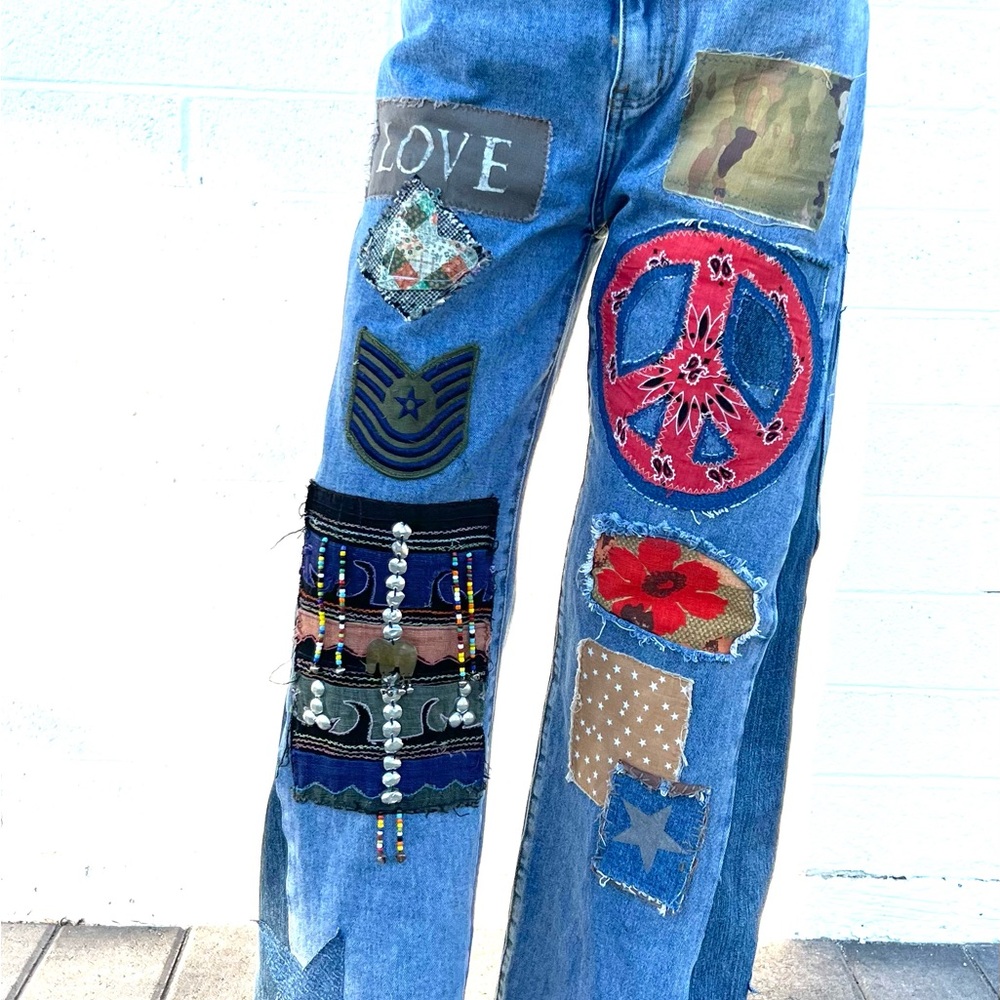 Upcycled Embellished Bohemian Patchwork Flare Jeans - Picture 9 of 10